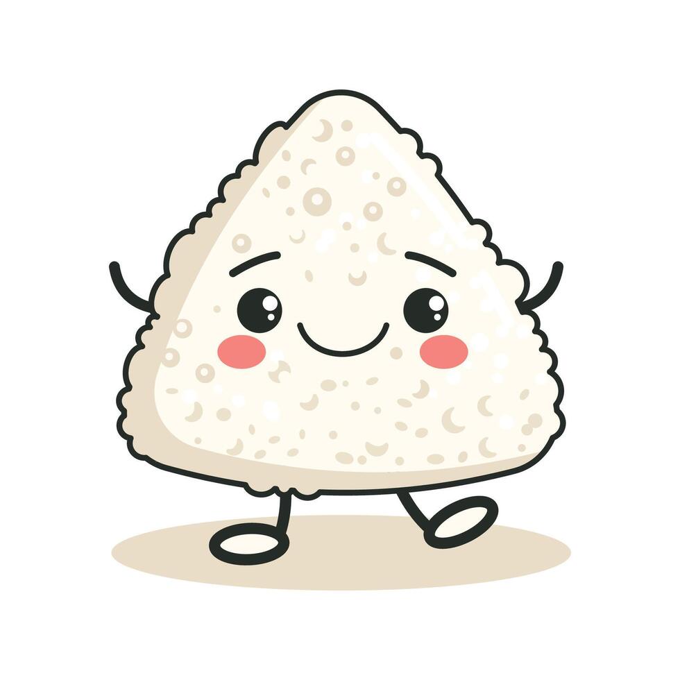 Cute Triangle White Onigiri Rice Japanese Food Cartoon Character with Smile Expression vector