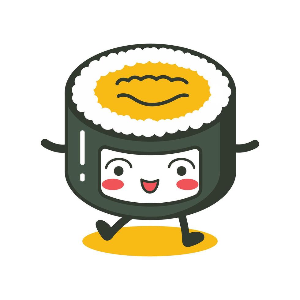 Cute Sushi Roll Japanese Food Cartoon Character with Happy Expression vector