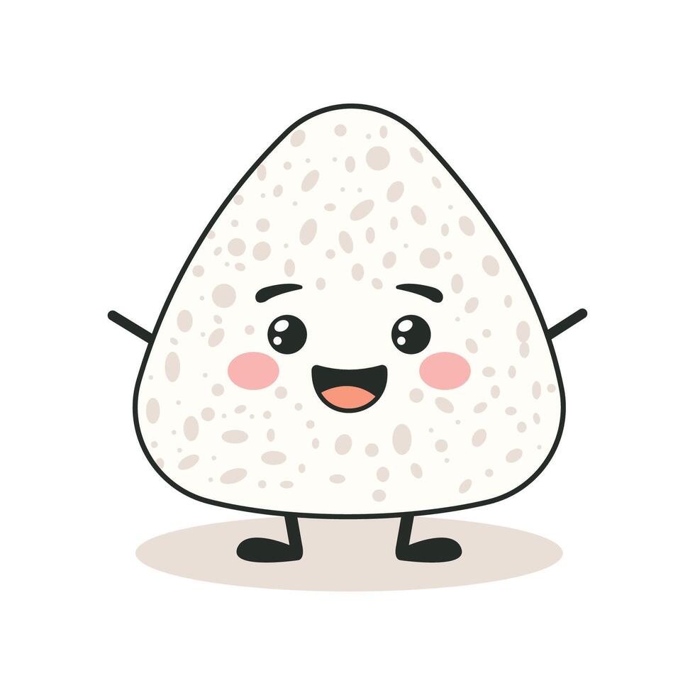 Cute Triangle Onigiri White Rice Japanese Food Cartoon Character with Smile Expression vector