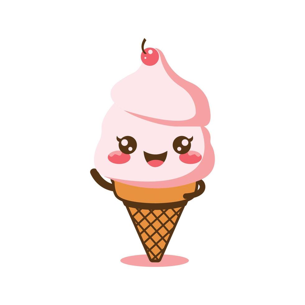 Cute Pink Cherry Cone Ice Cream Cartoon Character with Happy Expression vector