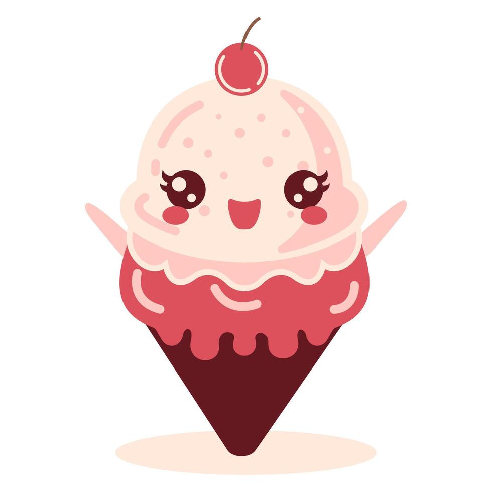 Design of Cute Cherry Cone Ice Cream Cartoon Character with Happy Expression vector