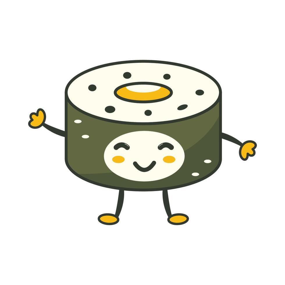 Cute Sushi Roll Japanese Food Cartoon Character with Happy Expression vector