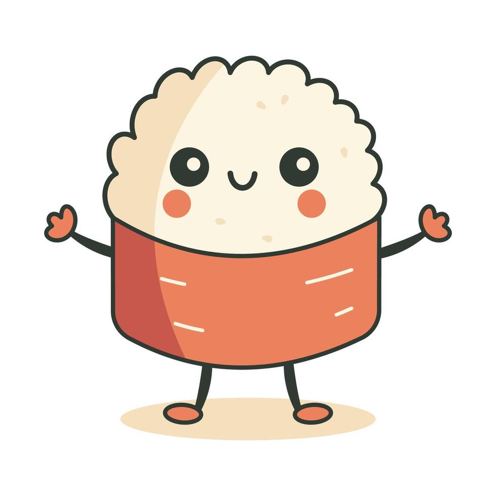 Cute Rice Sushi Roll Japanese Food Cartoon Character with Happy Expression vector