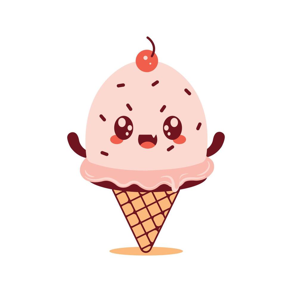 Cute Pink Cherry Cone Ice Cream Cartoon Character with Happy Expression vector