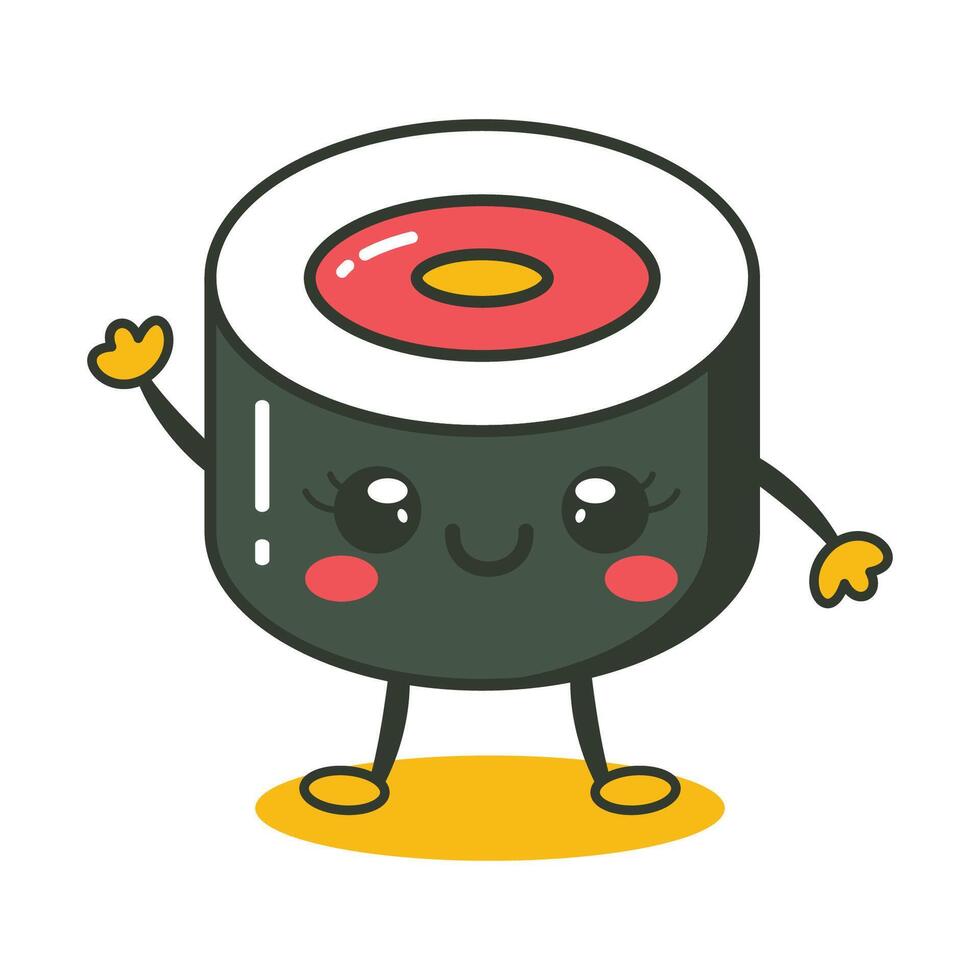 Cute Sushi Roll Japanese Food Cartoon Character with Happy Expression vector