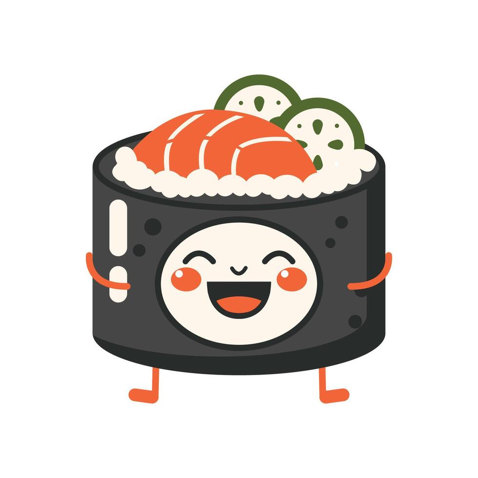 Cute Sushi Roll Japanese Food Cartoon Character with Happy Expression vector
