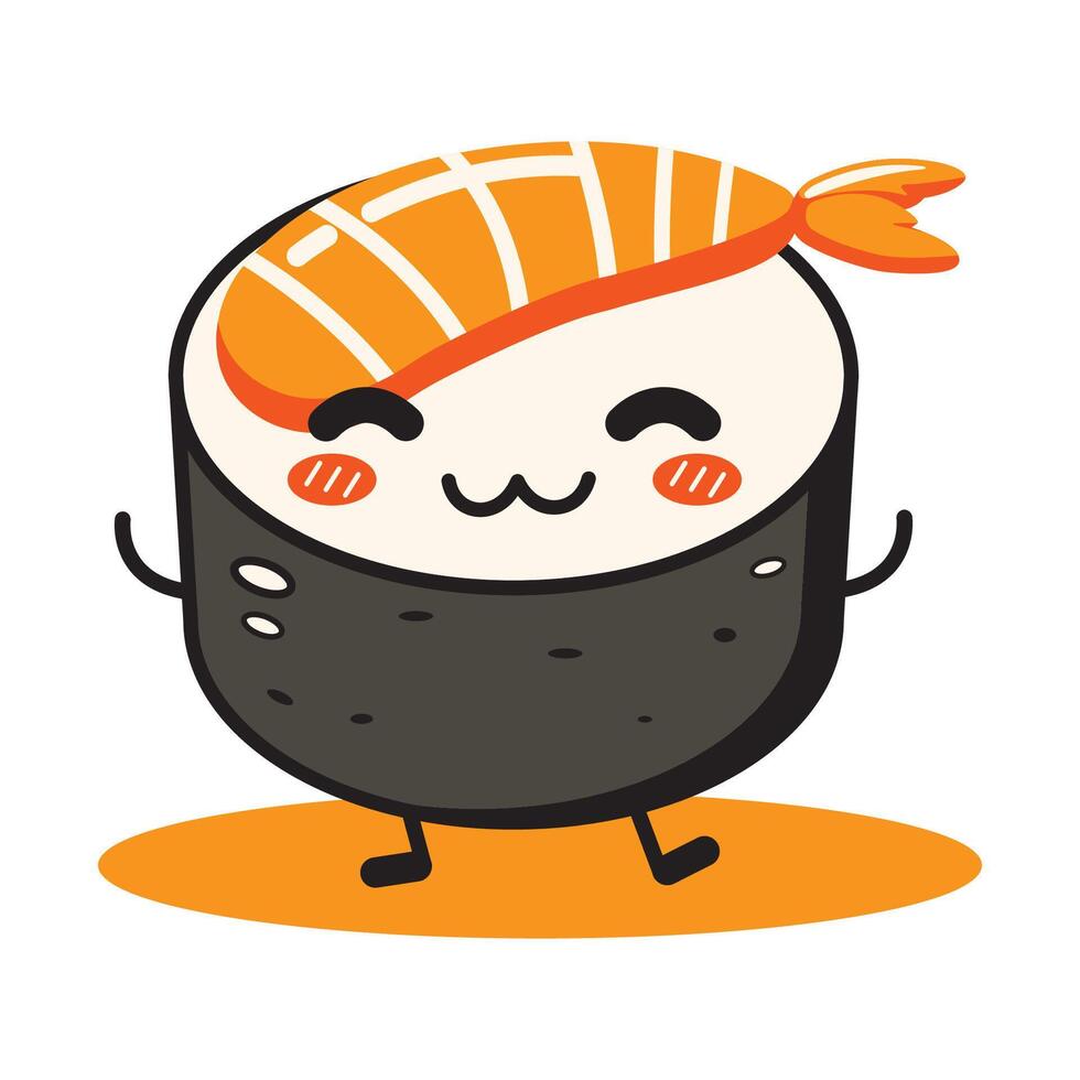 Cute Sushi Roll Japanese Food Cartoon Character with Fried Tempura and Happy Expression vector