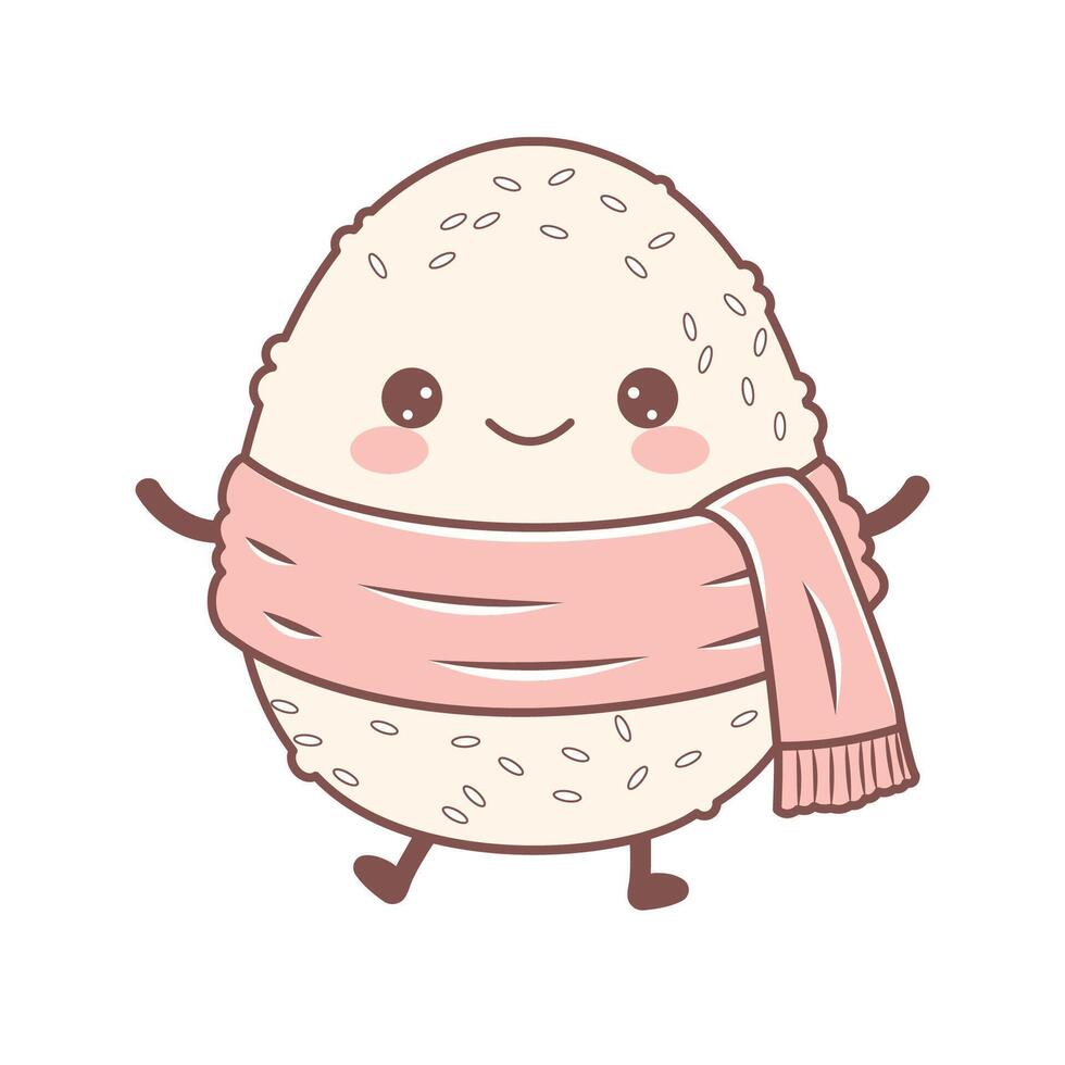 Cute Onigiri Rice Japanese Food Cartoon Character Wearing Pink Shawl with Smile Expression vector
