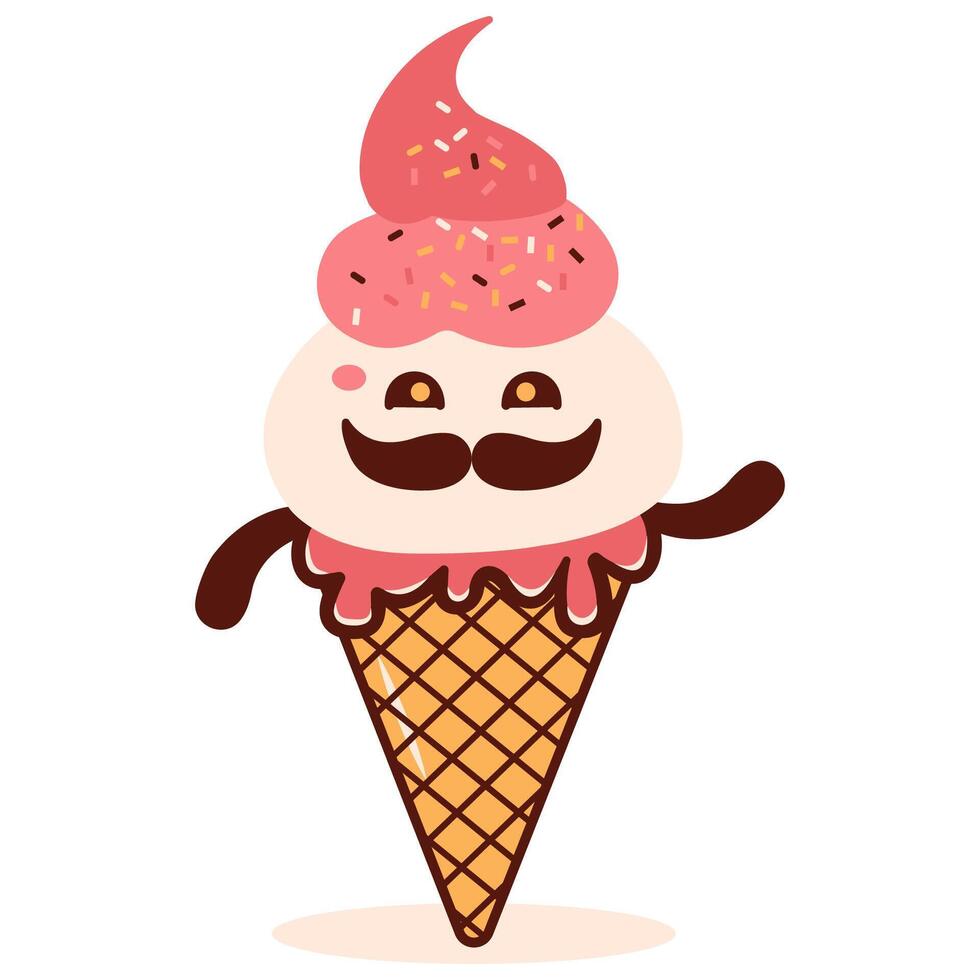 Design of Cute Mustache Pink Cone Ice Cream Cartoon Character with Happy Expression vector