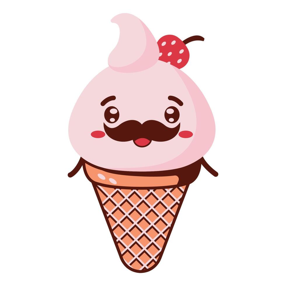 Design of Cute Mustache Strawberry Cone Ice Cream Cartoon Character with Happy Expression vector