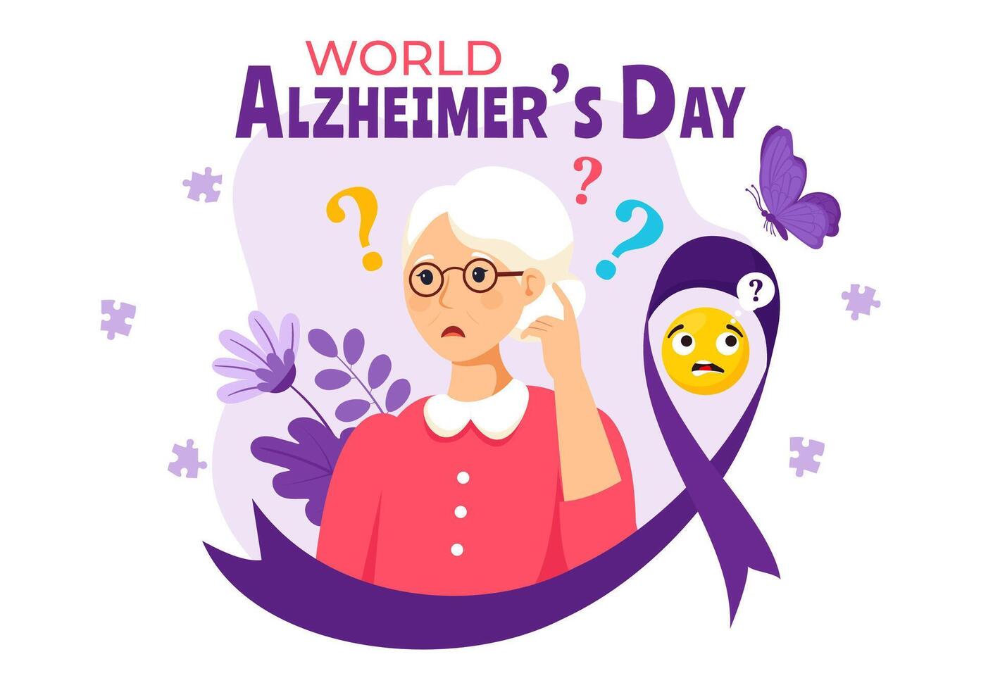 World Alzheimer's Day Illustration featuring an Elderly and a Brain Jigsaw Puzzle Symbolizing Memories on a Purple Ribbon Flat Background vector