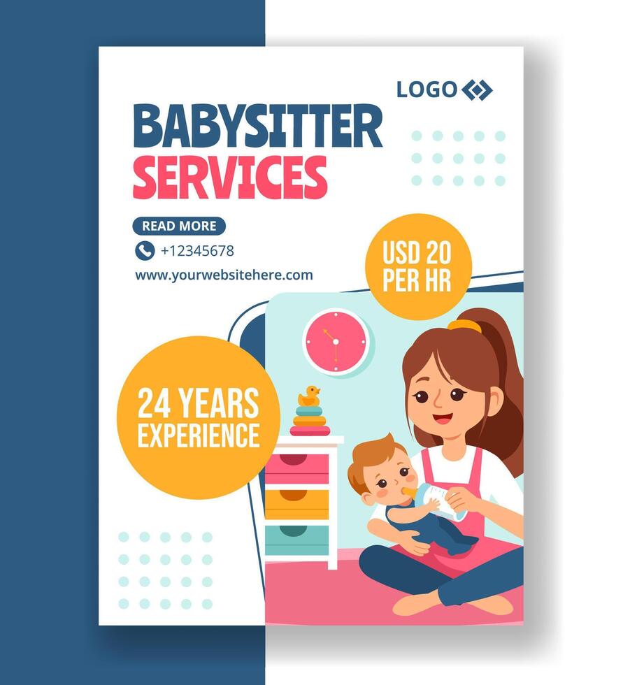 Babysitter or Nanny Services Vertical Poster Flat Cartoon Hand Drawn Templates Background Illustration vector