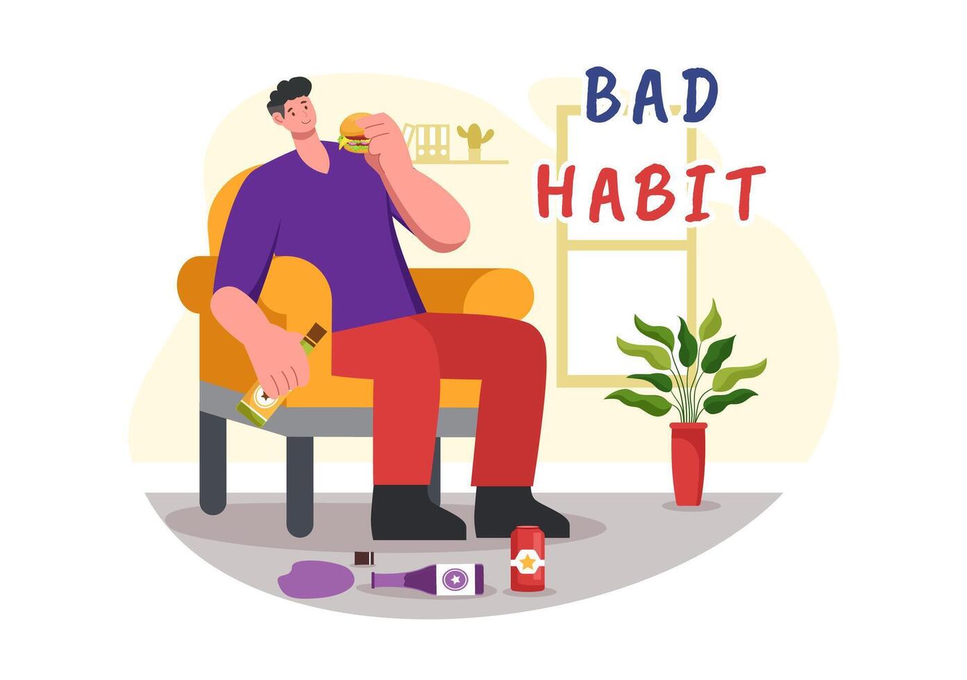 Illustration of Bad Habits Featuring Unhealthy Lifestyles such as Eating Fast Food or Drinking Alcohol in a Flat Cartoon Style Background vector