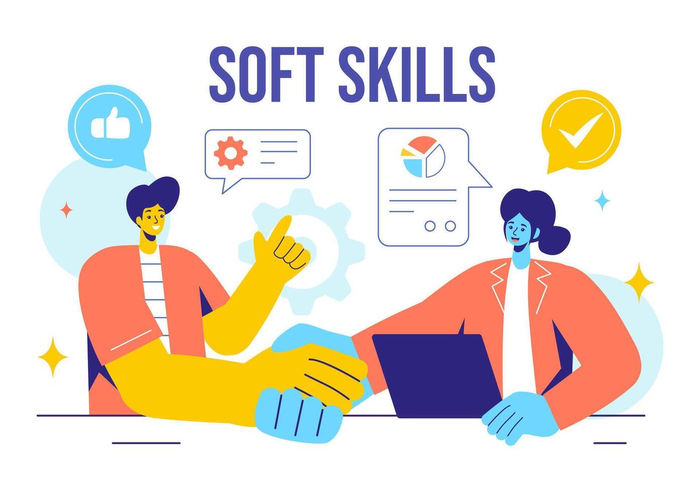 Illustration of Office Workers Demonstrating Soft Skills of Empathy, Communication, Idea Development, Skill, and Education in a Flat Background vector