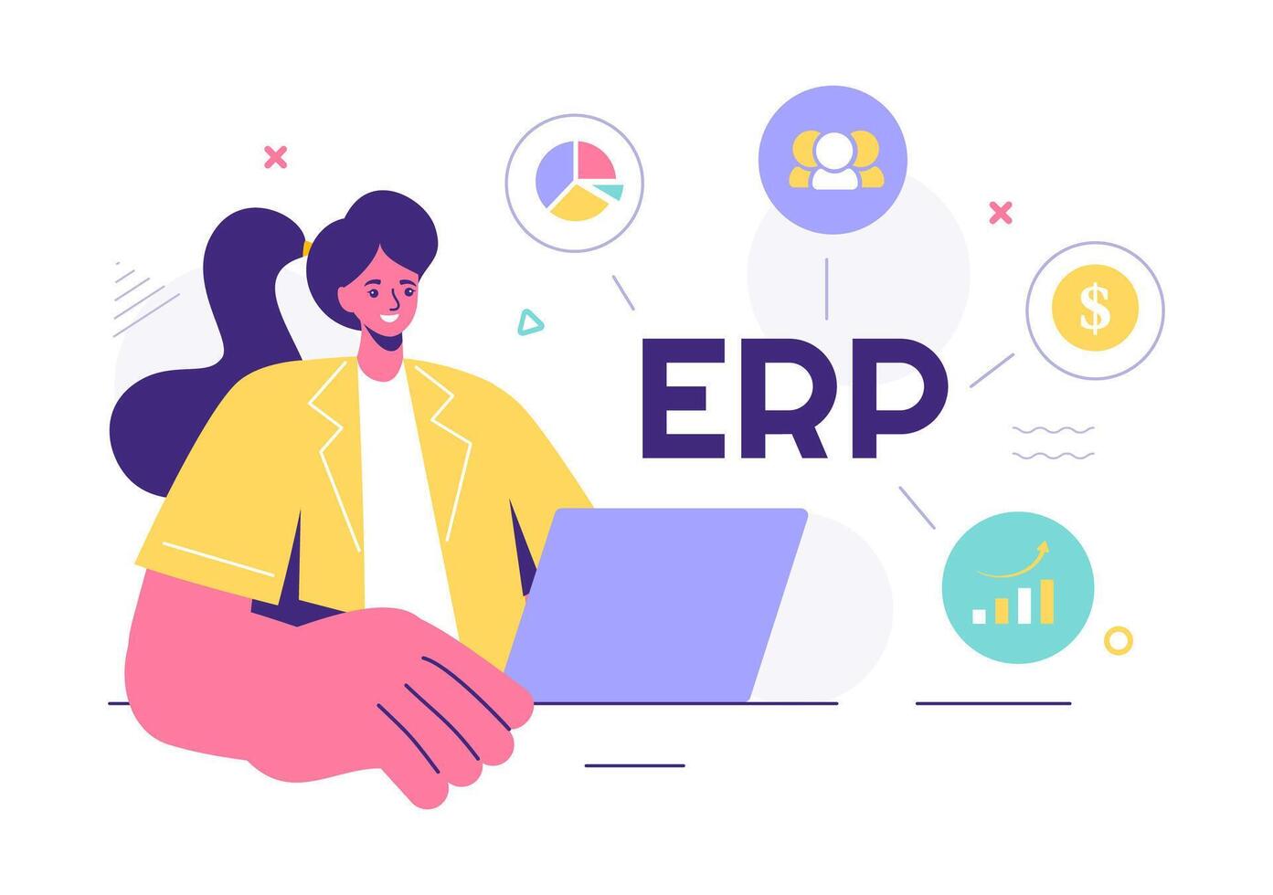 ERP Enterprise Resource Planning System Illustration with Business Integration, Productivity, and Company Enhancement on a Flat Background vector