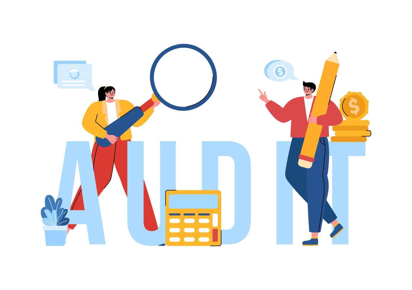 Business Audit Documents Illustration with Charts, Accounting, Calculations, and Financial Report Analytics on a Flat Cartoon Background vector