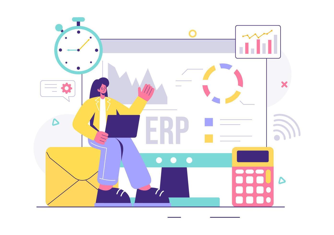 ERP Enterprise Resource Planning System Illustration with Business Integration, Productivity, and Company Enhancement on a Flat Background vector