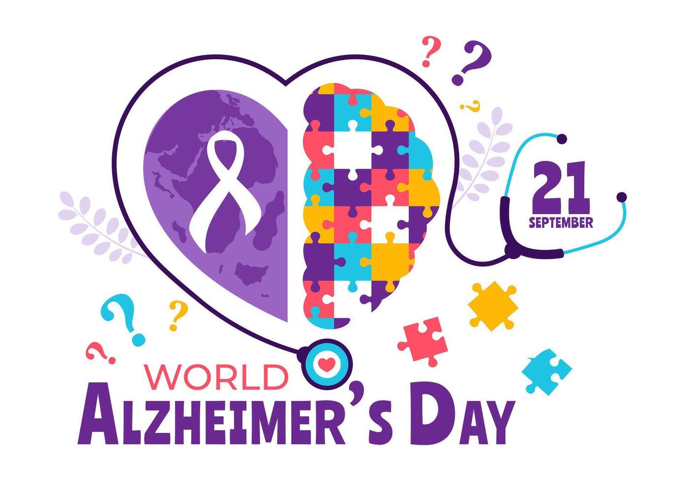 World Alzheimer's Day Illustration featuring an Elderly and a Brain Jigsaw Puzzle Symbolizing Memories on a Purple Ribbon Flat Background vector