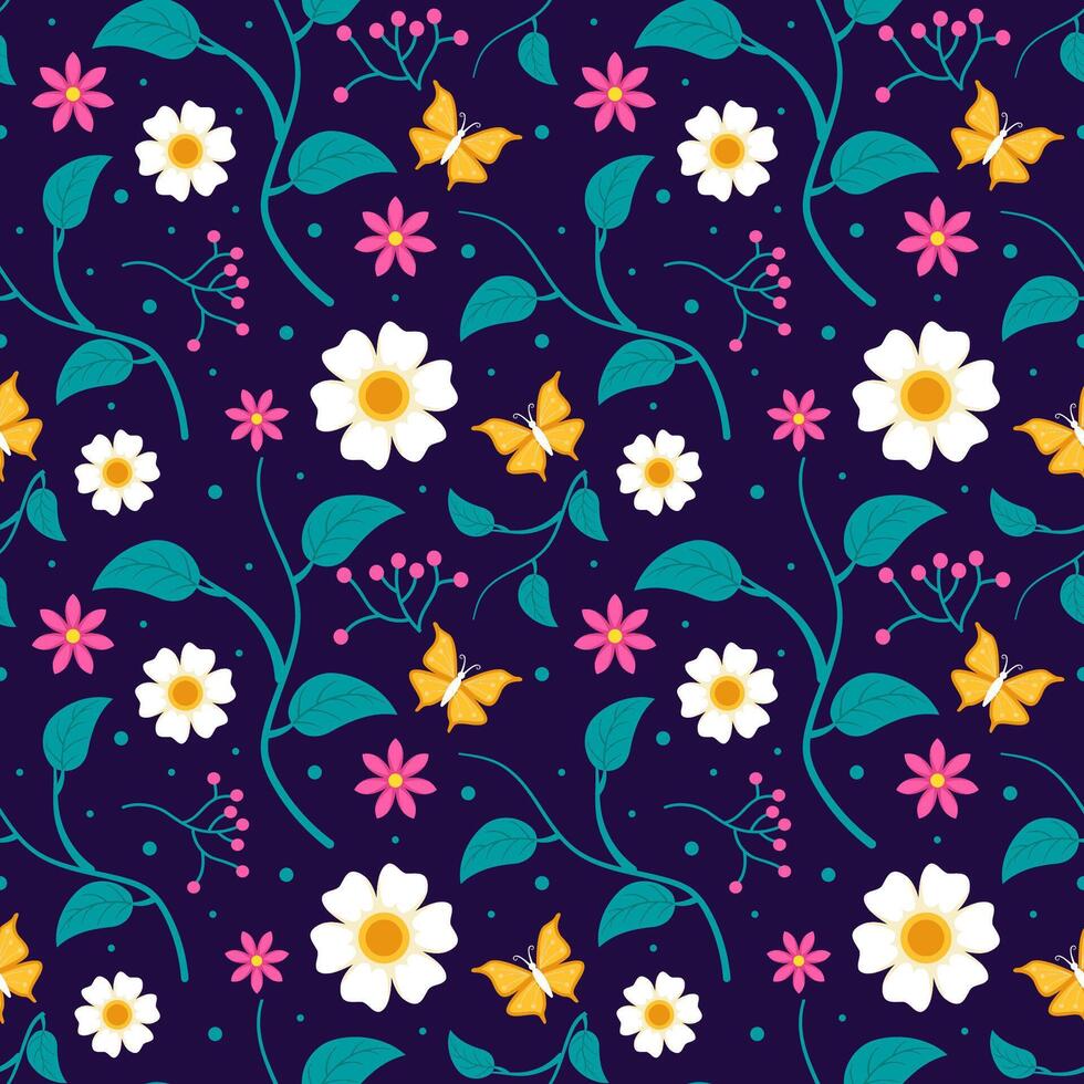 Floral Seamless Pattern Design Illustration with Blooming Branches and Leaf Flower in Hand-Drawn Cartoon Style Template vector