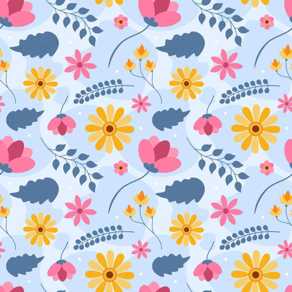 Floral Seamless Pattern Design Illustration with Blooming Branches and Leaf Flower in Hand-Drawn Cartoon Style Template vector