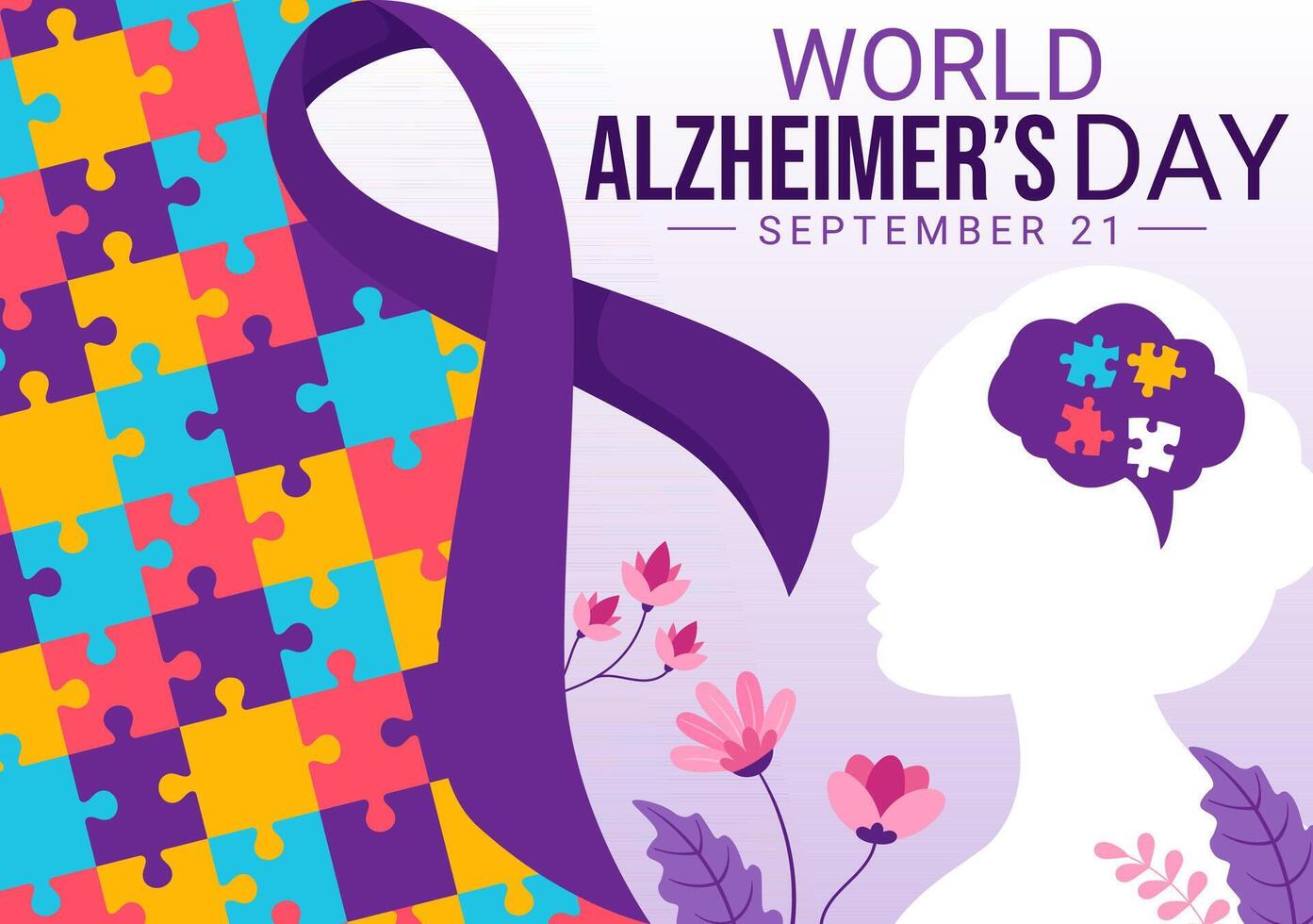 World Alzheimer's Day Illustration featuring an Elderly and a Brain Jigsaw Puzzle Symbolizing Memories on a Purple Ribbon Flat Background vector