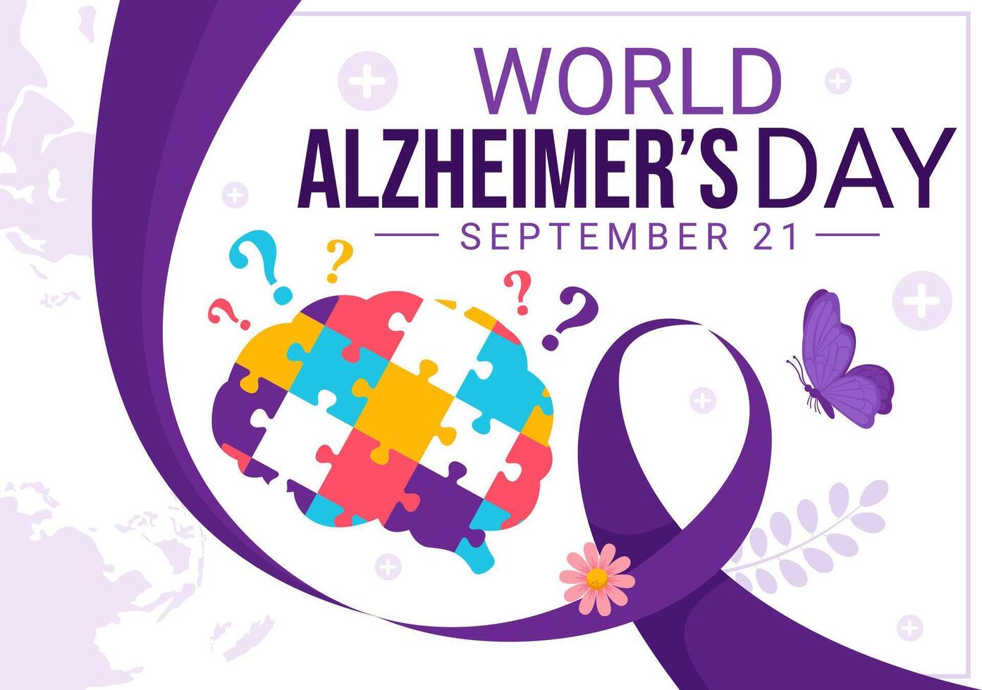 World Alzheimer's Day Illustration featuring an Elderly and a Brain Jigsaw Puzzle Symbolizing Memories on a Purple Ribbon Flat Background vector