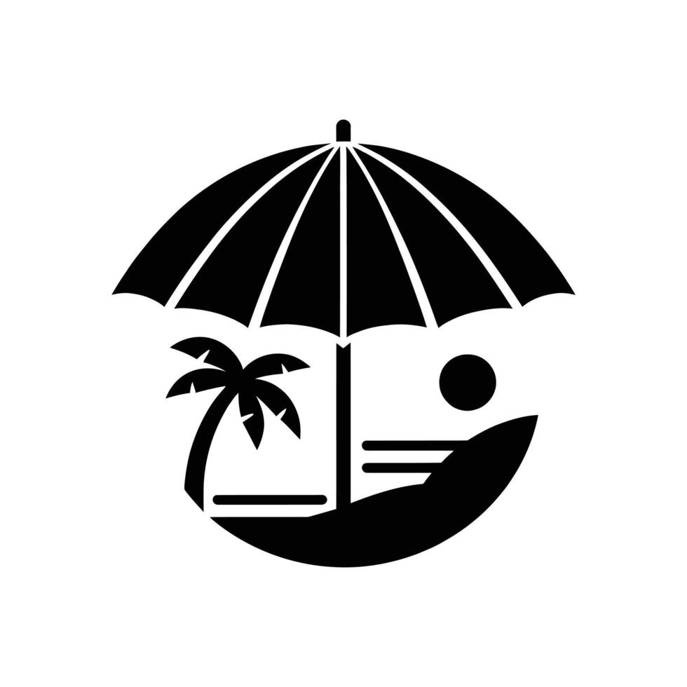 Summer Vacation Silhouette Beach Umbrella, Deck Chair, and Travel Suitcase, Plam tree vector