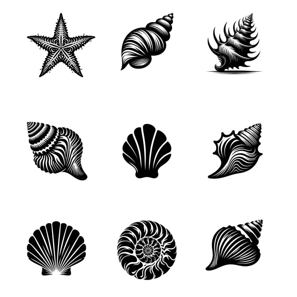 Elegant Black and White Silhouette Set of Sea Shells and Starfish, Intricate Nautical Designs for Digital Art, Prints, and More vector