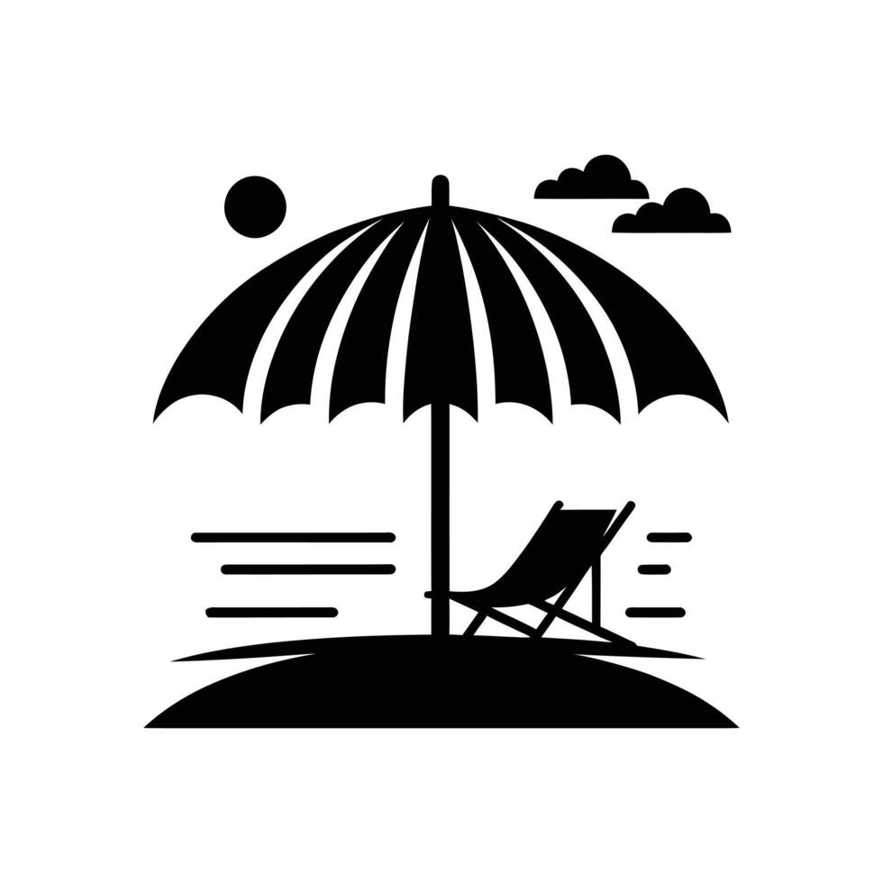Relaxing Beach Silhouette Deck Chair, Umbrella, and Suitcase vector