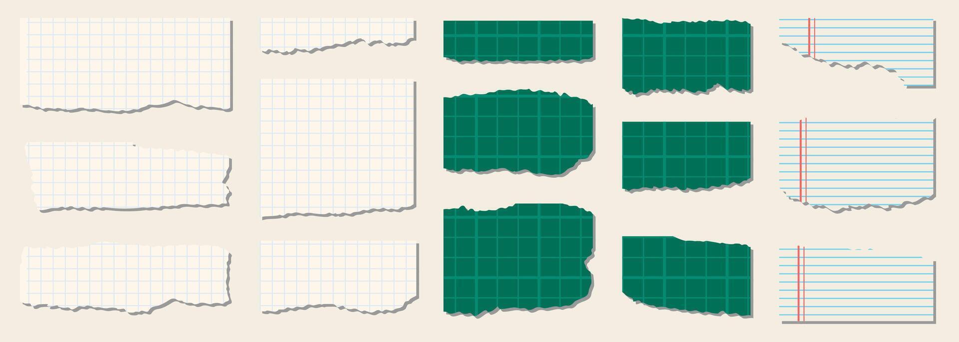A collection of torn, white, colored, torn, and shredded paper scraps. vector