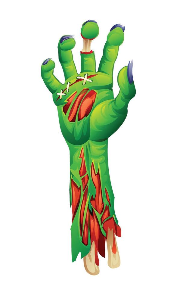 Zombie hand with detailed torn skin, exposed bones, and stitched wounds. cartoon illustration vector