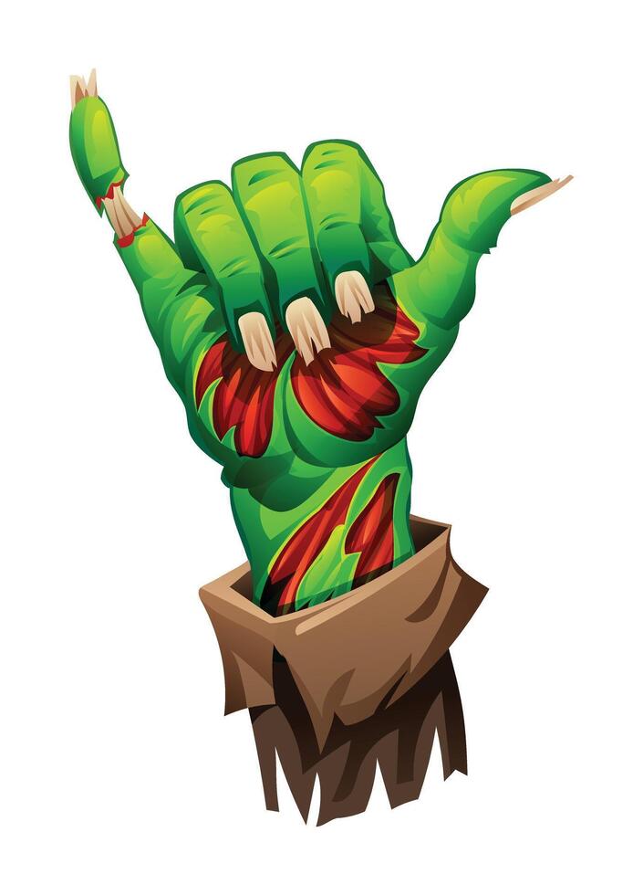 Zombie hand with torn skin making a shaka sign. cartoon illustration vector