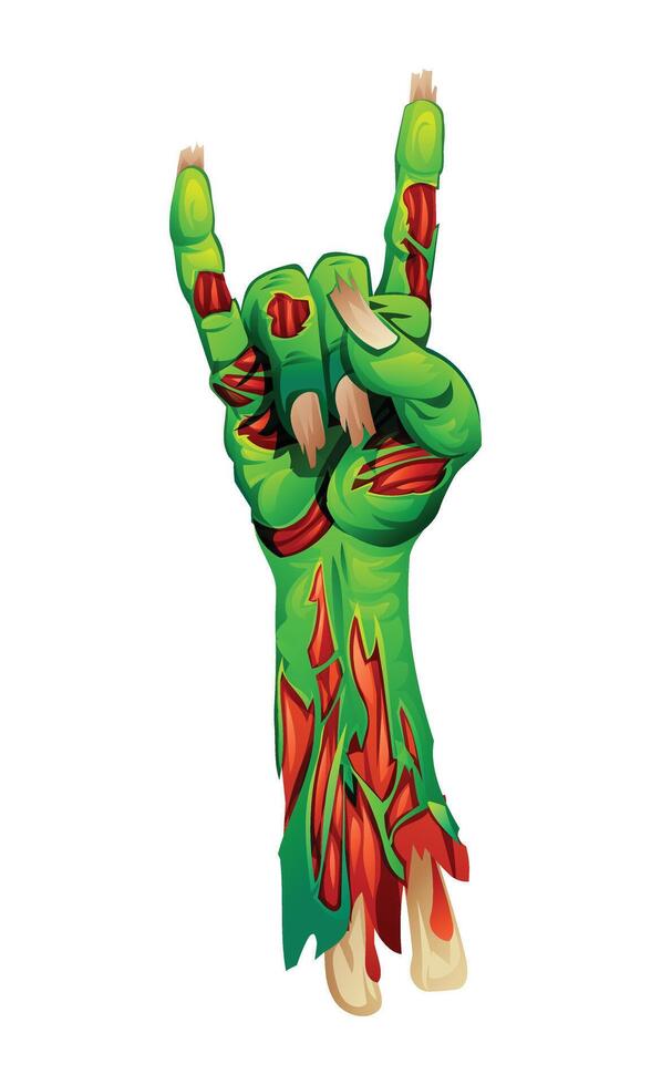 Zombie hand making rock sign with detailed torn skin and exposed bones. cartoon illustration vector
