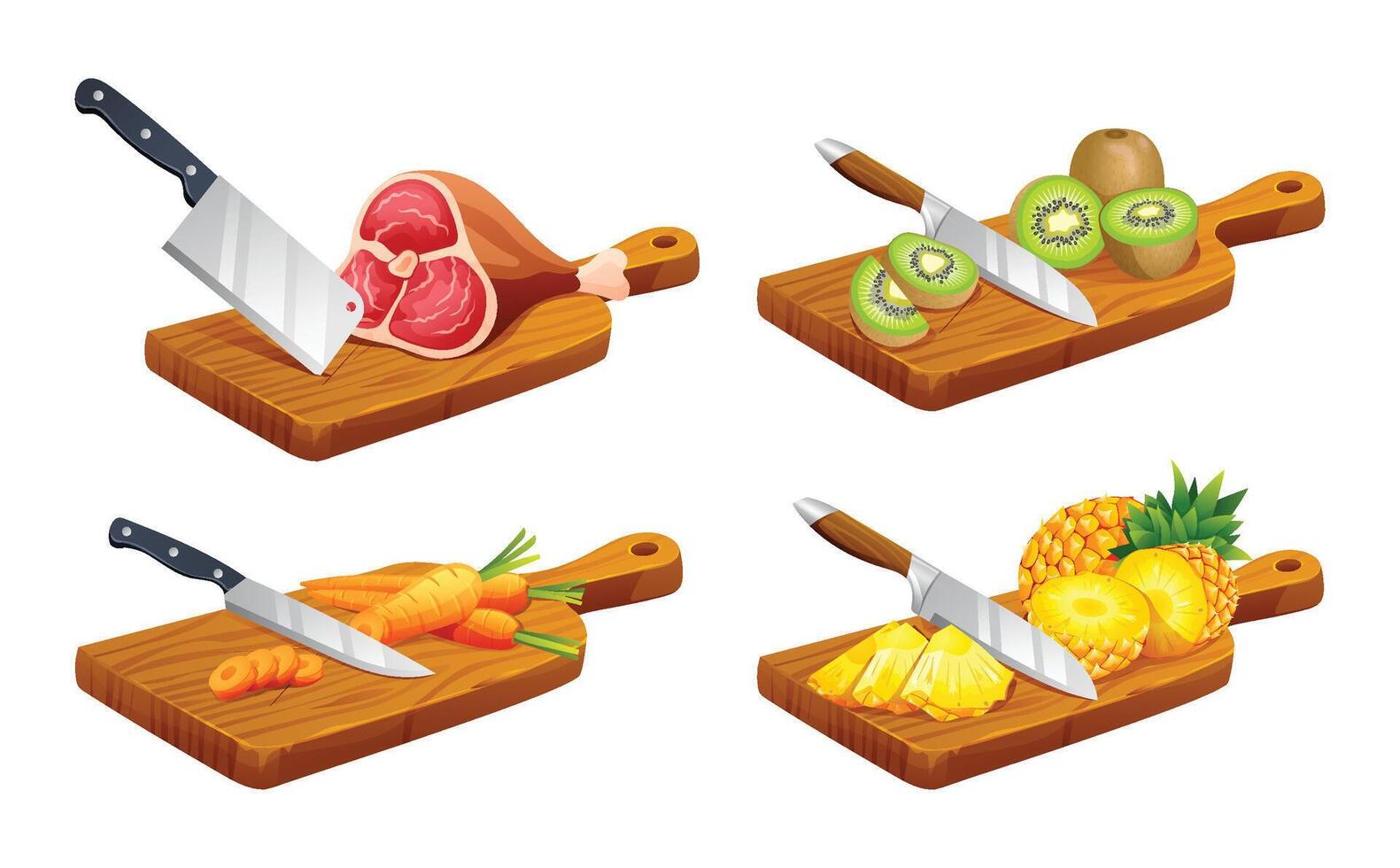 Set of different foods on cutting boards. Includes meat, kiwi, carrots, and pineapple. illustration vector