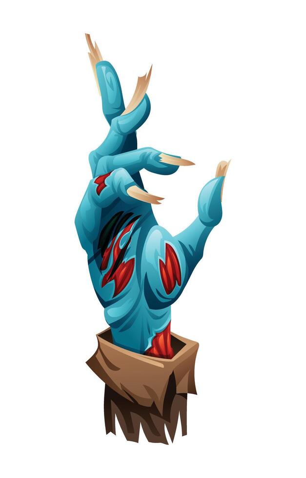Zombie hand with torn skin details making a grasping gesture. cartoon illustration vector