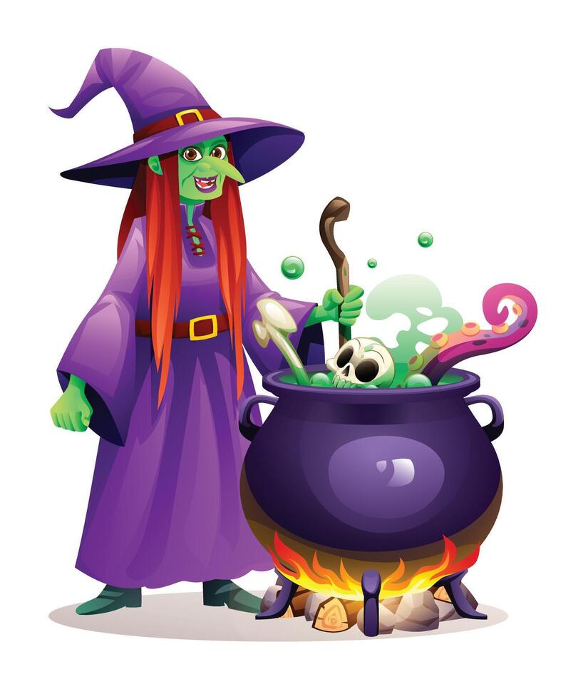 Witch in purple robe stirs cauldron with green potion, skull and tentacle. cartoon illustration vector