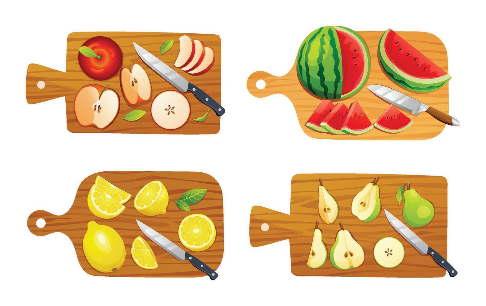 Set of various fruits on cutting boards. Includes apple, watermelon, lemon, and pear. illustration vector