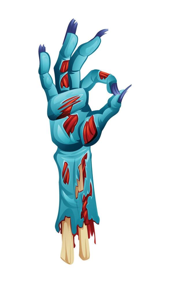 Zombie hand making OK sign with detailed torn skin and exposed bones. cartoon illustration vector