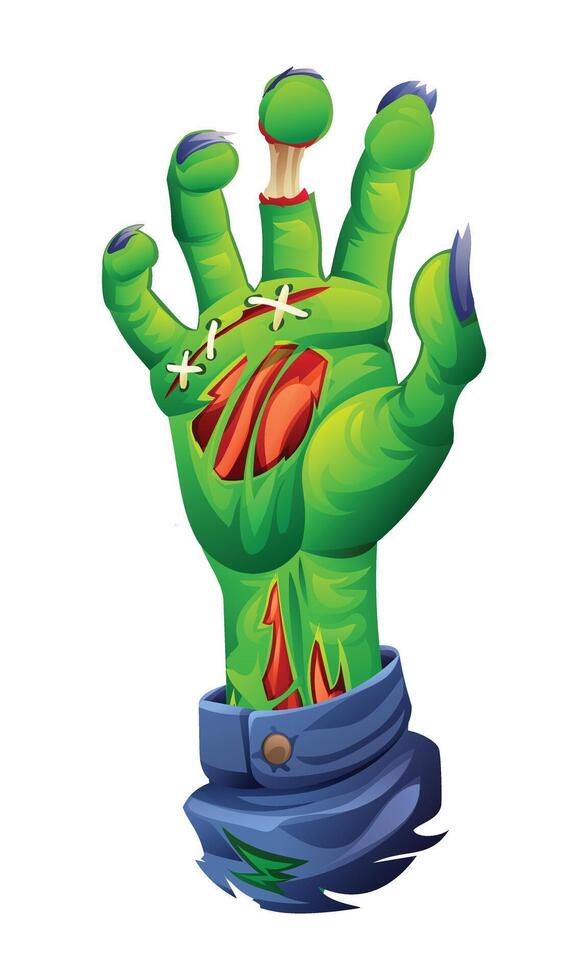 Zombie hand with stitches and a severed finger. cartoon illustration vector