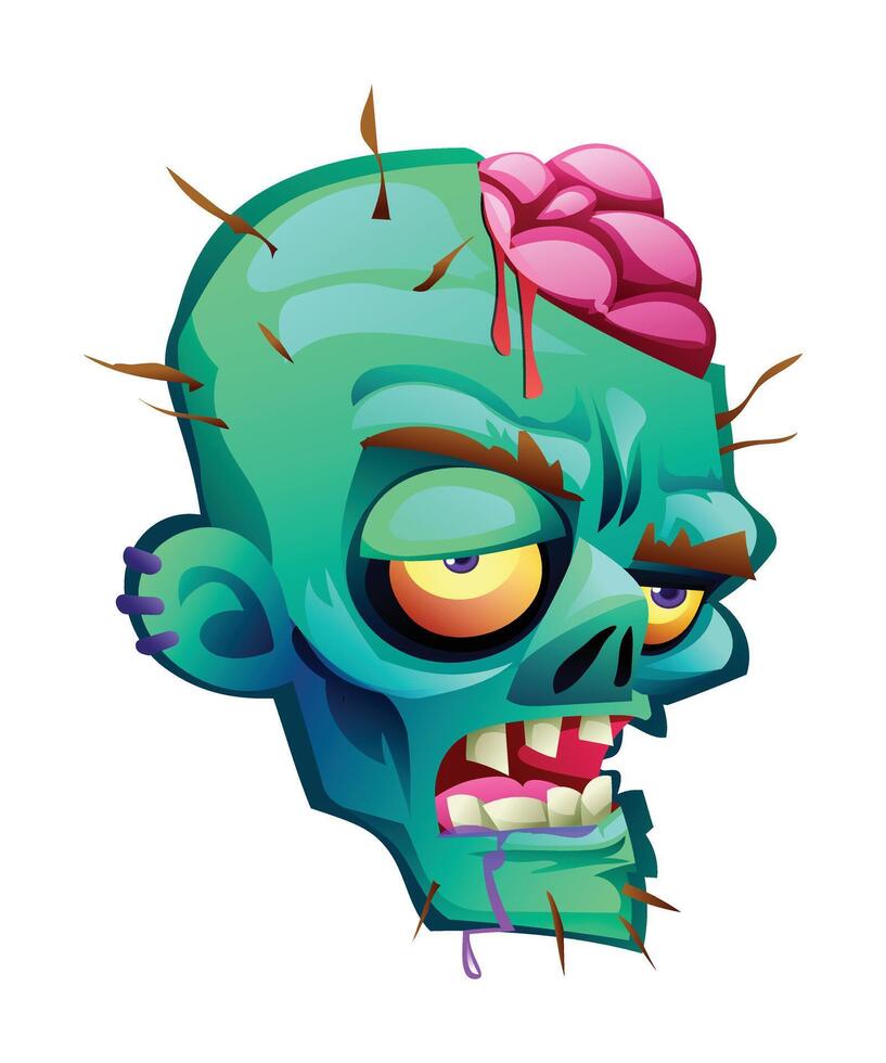 Zombie head with exposed brain. cartoon illustration isolated on white background vector