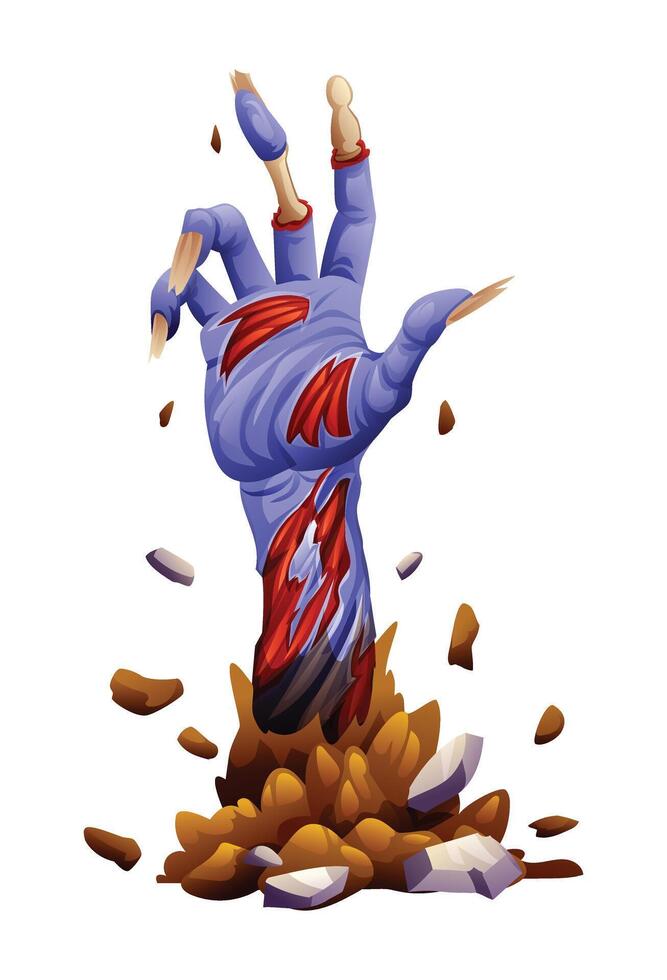 Zombie hand with torn skin and exposed bones rising from the ground. cartoon illustration vector