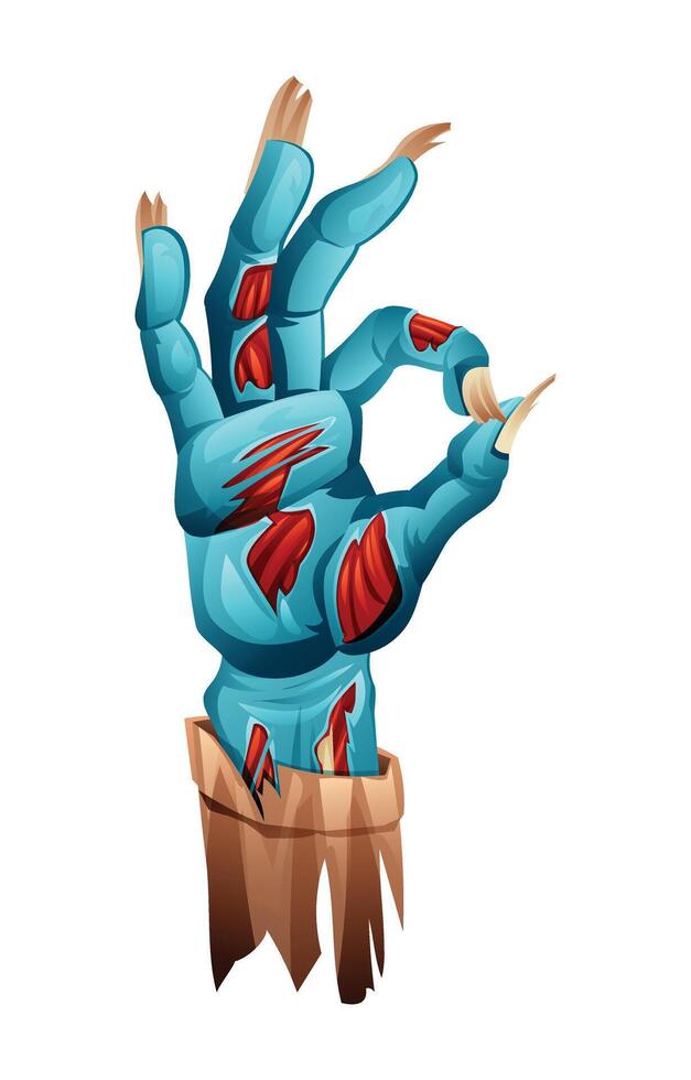 Zombie hand with torn skin making an OK sign. cartoon illustration vector
