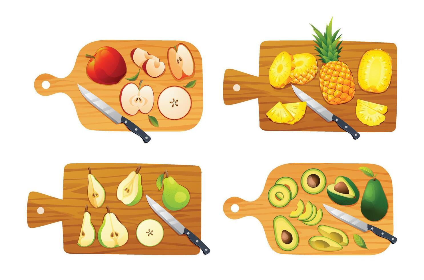 Set of different fruits on cutting boards. Includes apple, pineapple, pear, and avocado. illustration vector
