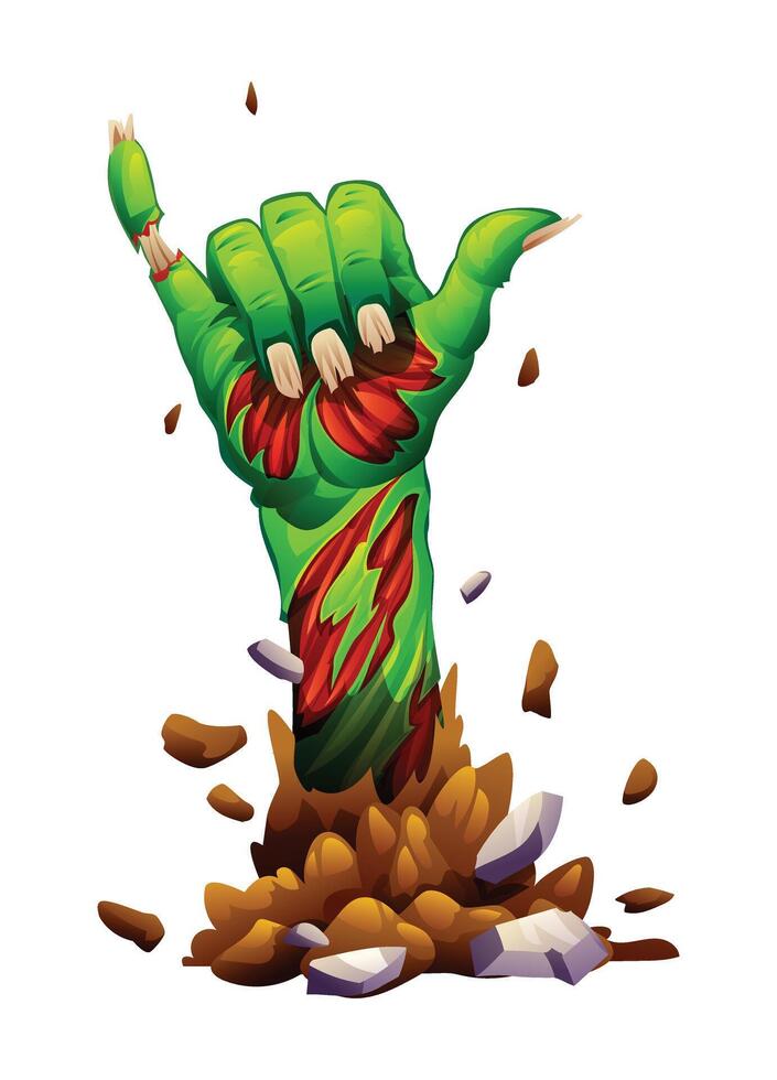 Zombie hand making shaka sign with torn skin and exposed bones rising from the ground. cartoon illustration vector