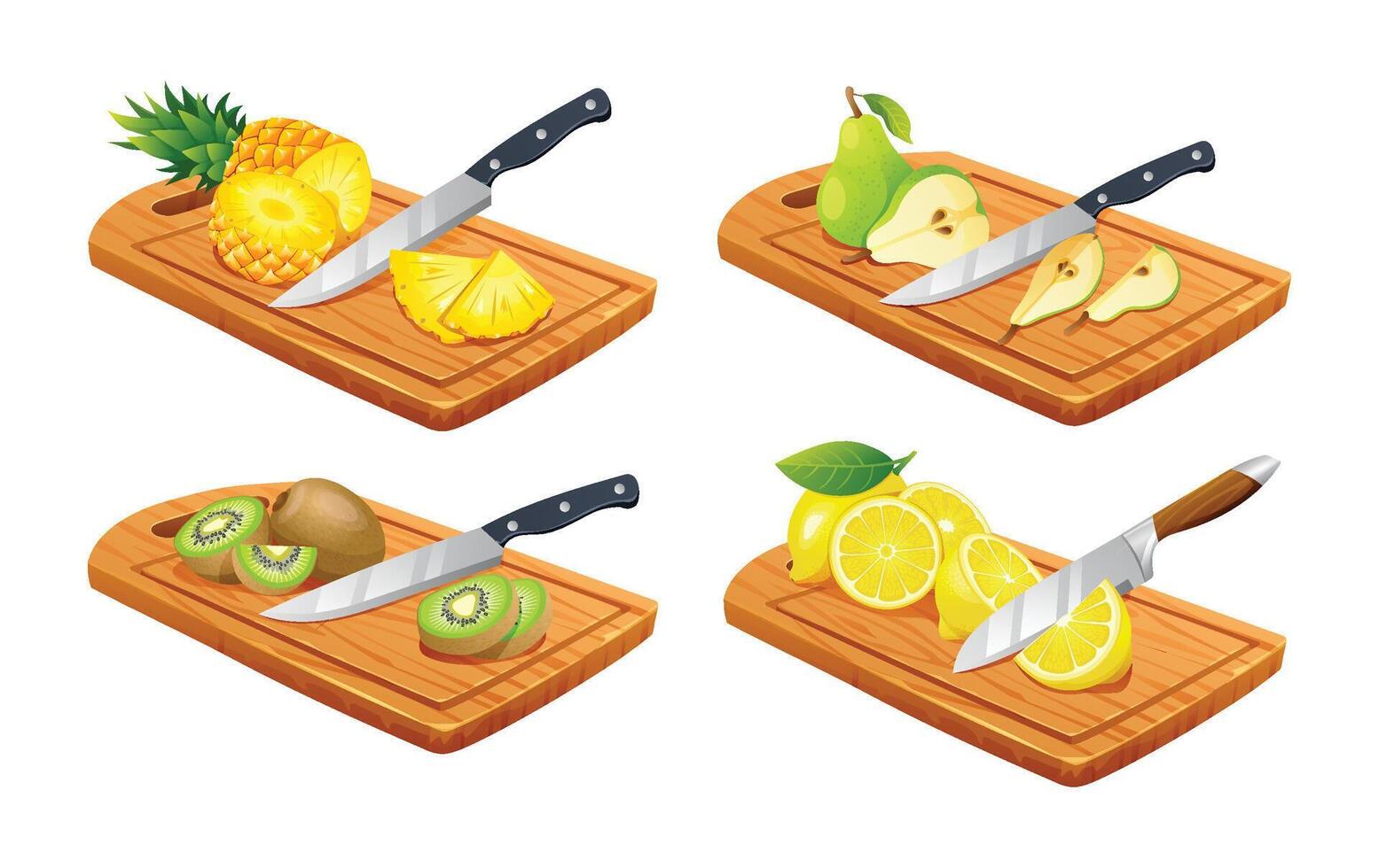 Set of different fruits on cutting boards. Includes pineapple, pear, kiwi, and lemon. illustration vector