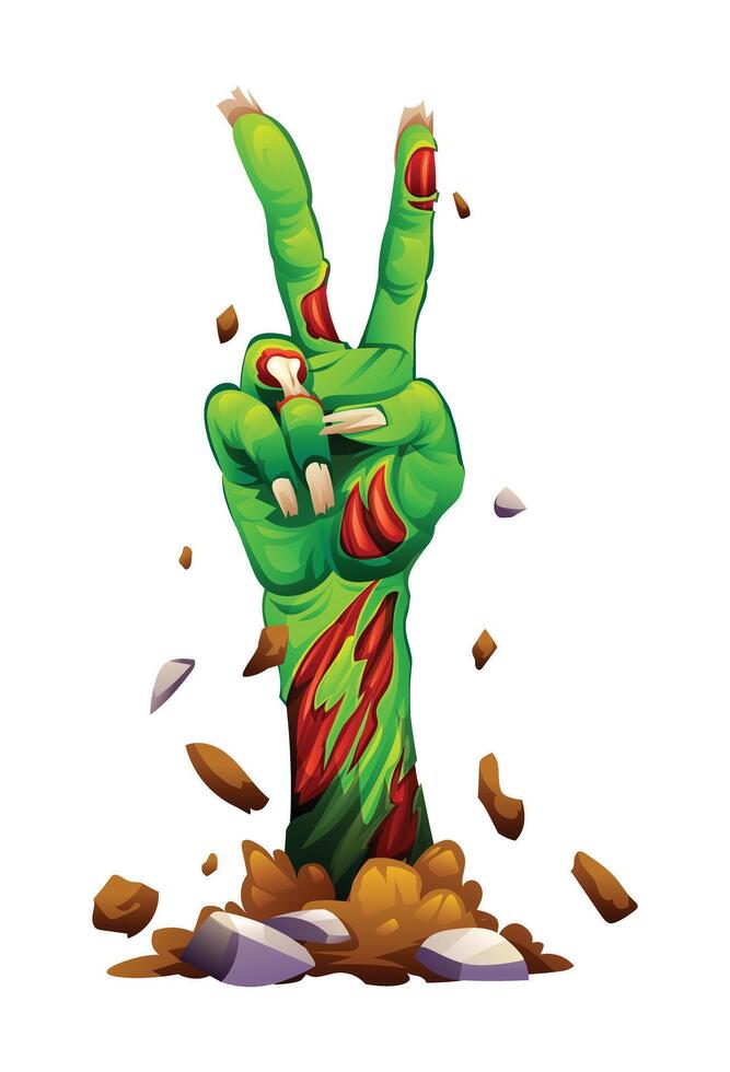 Zombie hand making a peace sign with torn skin and exposed bones rising from the ground. cartoon illustration vector