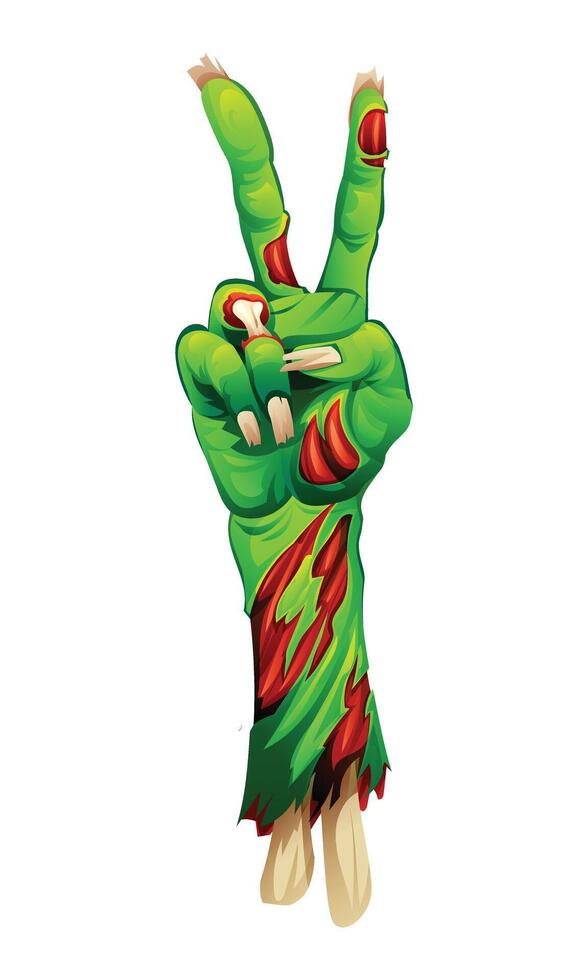 Zombie hand making a peace sign with detailed torn skin and exposed bones. cartoon illustration vector