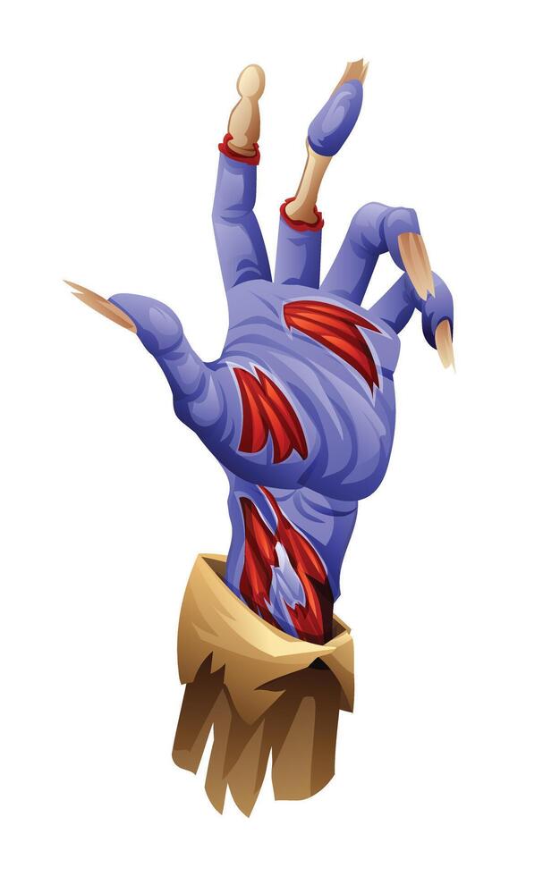 Zombie hand with torn skin details making a grasping gesture. cartoon illustration isolated on white background vector