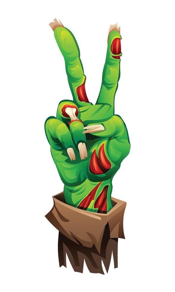 Zombie hand with torn skin making a peace sign. cartoon illustration vector