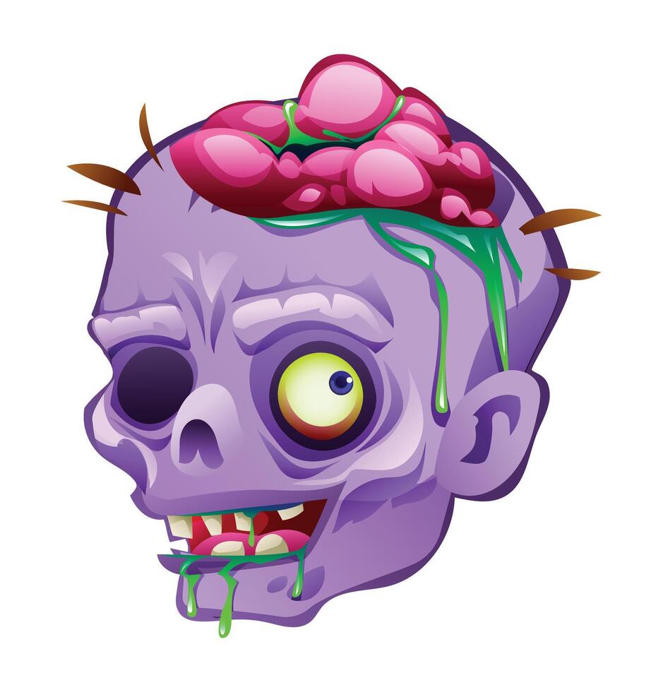 Zombie head with one eye and exposed brain. cartoon illustration vector